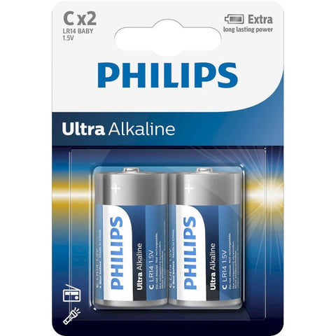 2x Philips Ultra Alkaline C LR14 Batteries 1.5V High Power Baby Cell