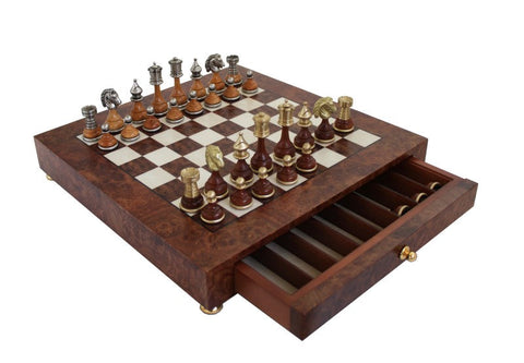Italfama Brass & Wood Chess Set Elm Board with Storage Drawer Handmade