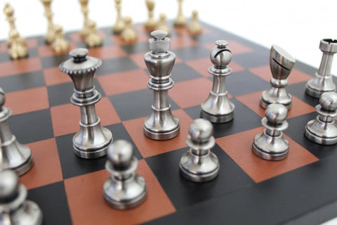 Italfama Brass Chess Set with Leather Board Gold & Silver Plated Made Italy