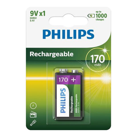 1x Philips Rechargeable 9V NiMH Battery 8.4V 170mAh 6HR61