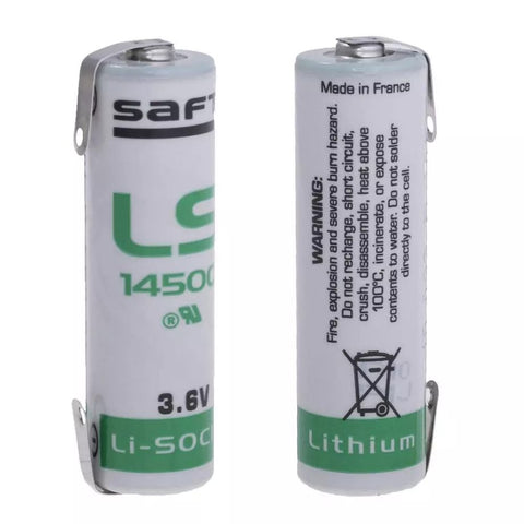 Saft LS14500 3.6V 2600mAh Li-SOCl2 AA Lithium Battery U Solder Tabs