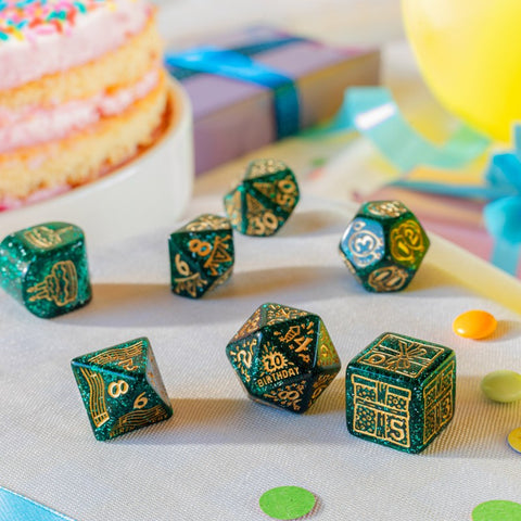 Q-Workshop Happy Birthday Balloons 7pc RPG Dice Set Shimmer Green Gold
