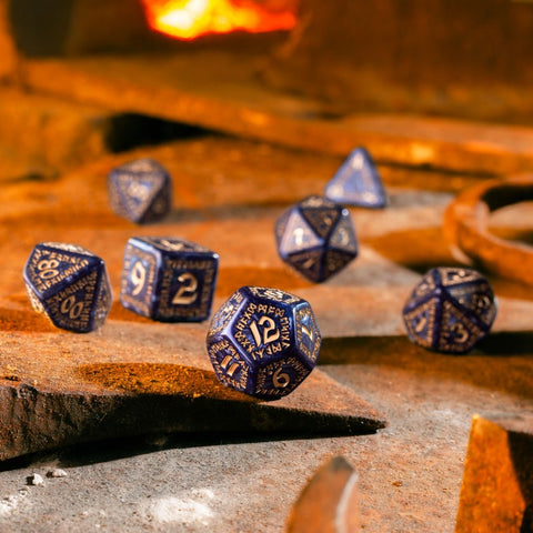 Q-Workshop Runic Dice Set 7pc Mixed Blue Gold Polyhedral RPG DnD