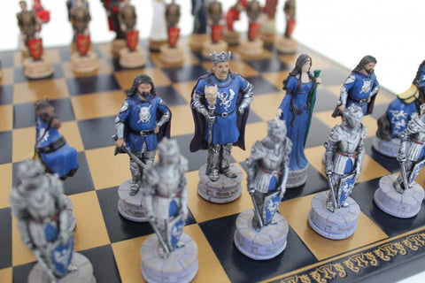 King Arthur Chess Set Resin Pieces, Hand-Painted, Faux Leather Board 40cm Italy