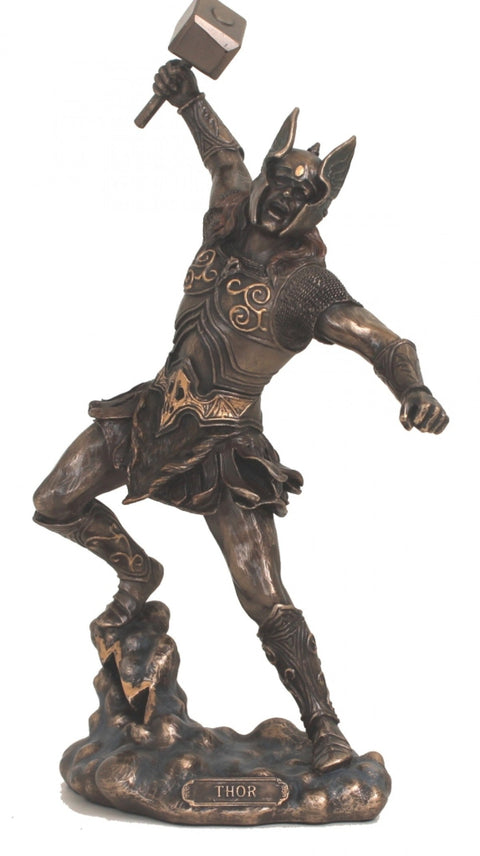 Thor Norse God of Thunder Bronze Resin Statue 31cm with Mjolnir Italfama