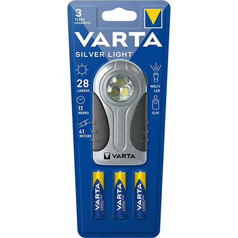 VARTA Silver Light LED Flashlight 28 Lumens Clip 3x AAA Batteries