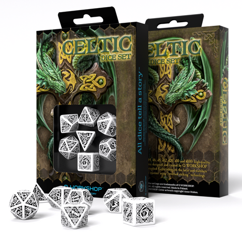 Q-Workshop Celtic 3D White Black 7-Die RPG Dice Set Polyhedral