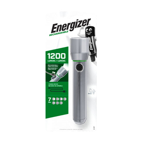 Energizer vision HD metal rechargeable flashlight in silver color, with a USB cable, packaged in a green and white box highlighting 1200 lumens and 7 years warranty.