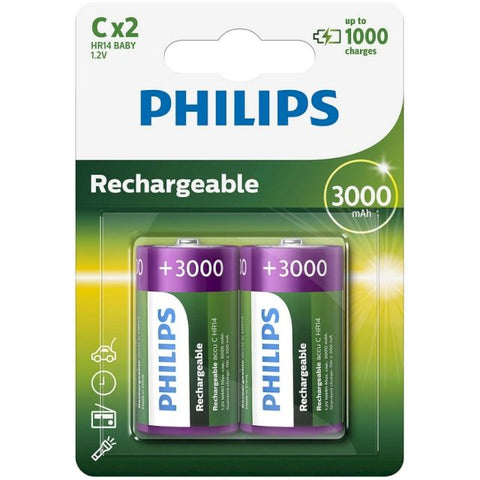 2 Philips Rechargeable C Batteries Nimh Battery Hr14 Baby 2Bl 1.2V 3000 Mah NEW