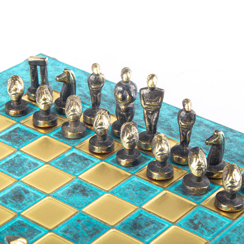 Cycladic Art Metal Chess Set Solid Brass Board 28Cm Turquoise Manopoulos S22Btir