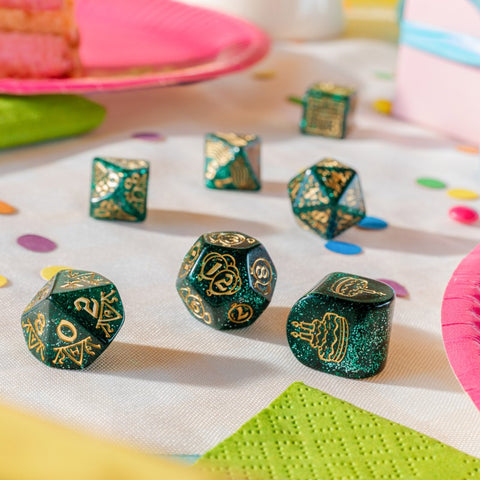 Q-Workshop Happy Birthday Balloons 7pc RPG Dice Set Shimmer Green Gold
