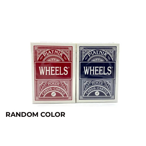 Two playing card decks, one red and one blue, with 'Piatnik Wheels' branding on a white background.