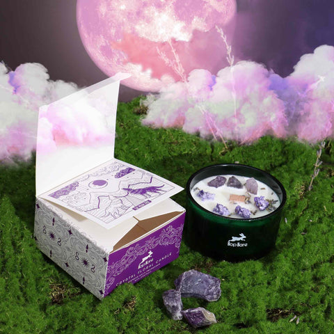 Lavender Amethyst Crystal Candle with Wooden Wick, 22h Burn, Hop Hare