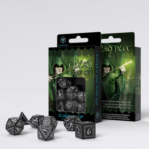 Q-Workshop Elven Dice Set 7pc Black White DND RPG Polyhedral