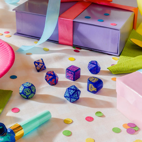 Q-Workshop Happy Birthday Streamers Dice Set 7pc Shimmering Blue RPG
