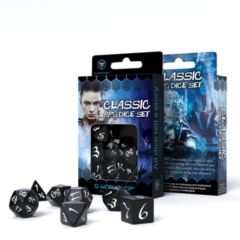 Q-Workshop Classic RPG Dice Set 7pc Black with White Numbers D&D Games