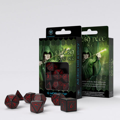 Q-Workshop Elvish Black Red 7pc Polyhedral Dice Set for DND RPG