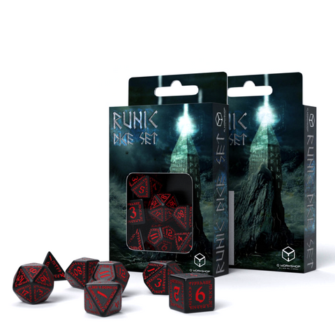 Q-Workshop Runic Black & Red 7-Die Polyhedral Dice Set for DnD RPG