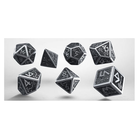 Q-Workshop Dwarven Metal RPG Dice Set, Silver with Black Engraving