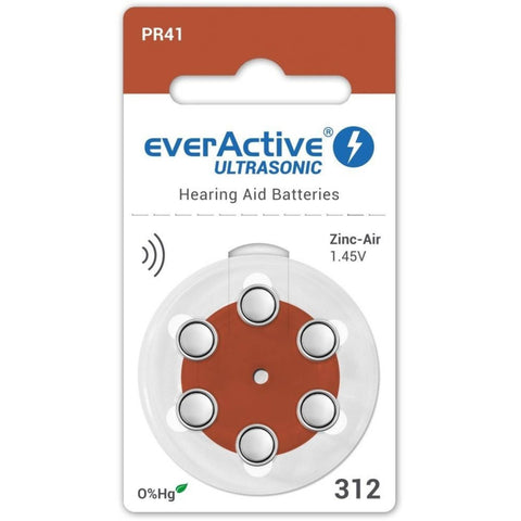 6x Everactive Ultrasonic Size 312 Mf Pr41 Hearing Aid Batteries 1.45V Zinc Air