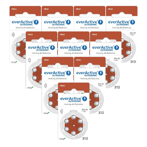 60x Everactive Ultrasonic Size 312 Mf Pr41 Hearing Aid Batteries 1.45V Zinc Air