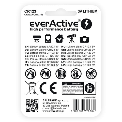 1x everActive CR123A 3V Lithium Battery for Camera Flashlight Alarm