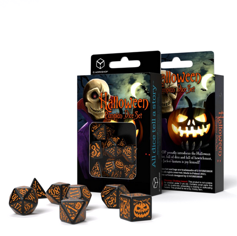 Q-Workshop Halloween Pumpkin Dice Set Black Orange 7pc RPG DnD Polyhedral
