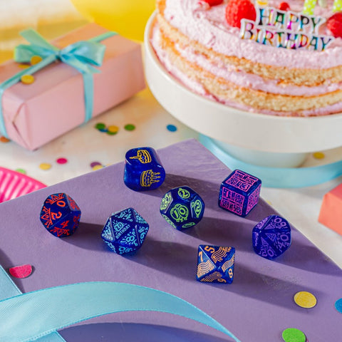 Q-Workshop Happy Birthday Streamers Dice Set 7pc Shimmering Blue RPG