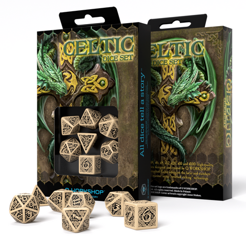 Q-Workshop Celtic 3D 7-Die Polyhedral Dice Set Beige Black