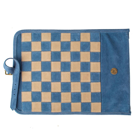 Manopoulos Denim Blue Suede Roll-Up Travel Chess Set w/ Metal Chessmen Greece