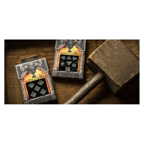 Q-Workshop Dwarven Metal RPG Dice Set, Silver with Black Engraving