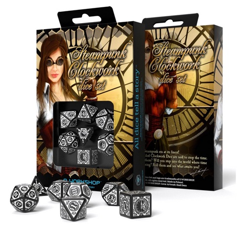Q-Workshop Steampunk Clockwork Black & White 7 Dice Set RPG