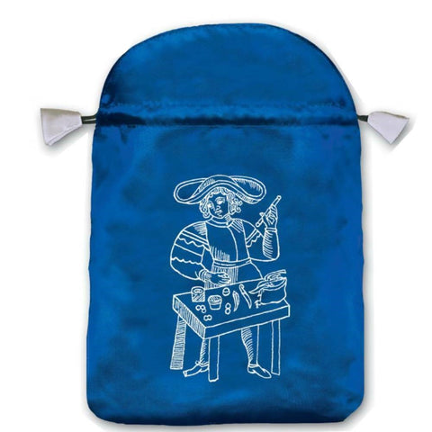 Blue Satin Tarot Card Bag with Embroidered Marseille Design Lo Scarabeo