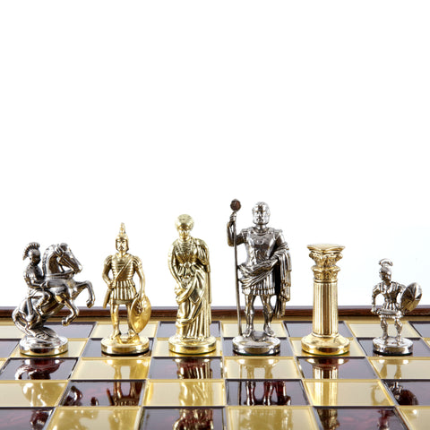 Greek Roman Period Metal Chess Set Gold &Silver Chessmen 41Cm Manopoulos Sk11Red