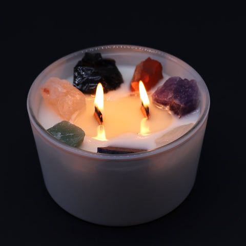 Large Seven Chakra Crystal Soy Candle with Gemstones, Moon Beams