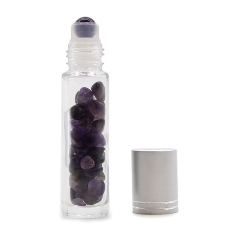 Amethyst Crystal Essential Oil Roller Bottle with Silver Cap, Travel Size