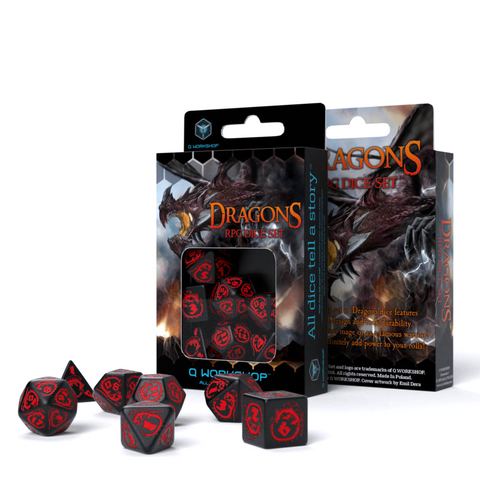 Q-Workshop Dragon RPG Dice Set Black Red 7 Piece Polyhedral for D&D