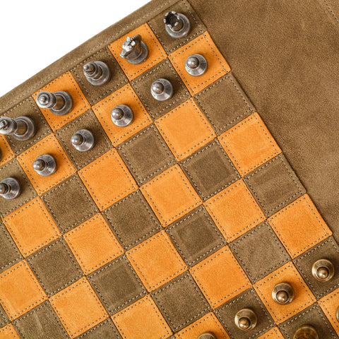 Manopoulos Roll-Up Suede Travel Chess Set Khaki Brown w/ Metal Chessmen Greece
