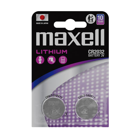 2x Maxell CR2032 Lithium Coin Battery - 3V. Made in Japan