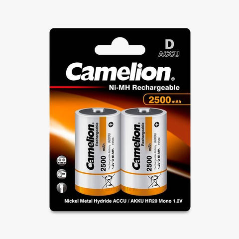 2x Camelion D HR20 NiMH 1.2V 2500mAh Rechargeable Batteries