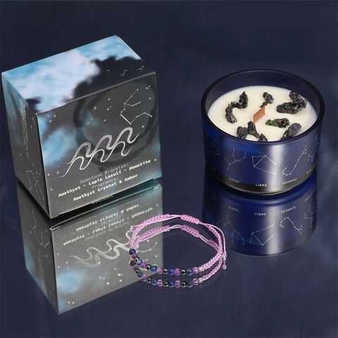 Aquarius Zodiac Crystal Candle with Amethyst Gemstone Bracelet Gift Set