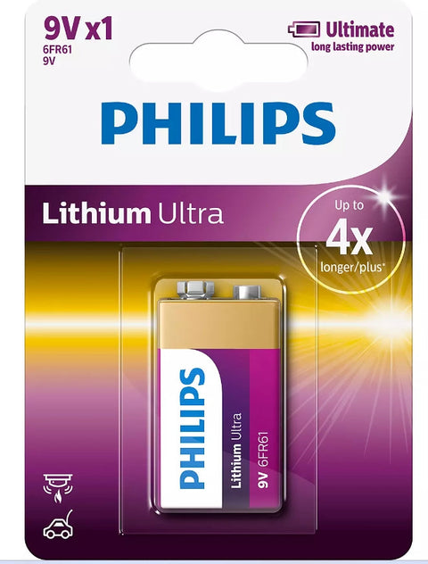 Philips Lithium Ultra 9V Battery 6FR61 6LR61 High Power Long Life
