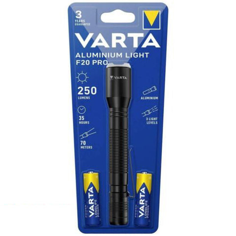 Varta F20 Pro Aluminium LED Flashlight 250 Lumens 2x AA Batteries