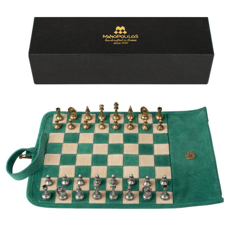 Manopoulos Forest Green Suede Roll-Up Travel Chess Set w/ Metal Chessmen