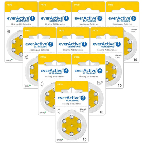 60x Everactive Size 10 PR70 Hearing Aid Batteries 1.45V Zinc Air