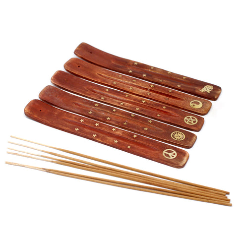 Brass Inlaid Ashcatcher Sun Incense Holder Mango Wood Ancient Wisdom Ish-01M