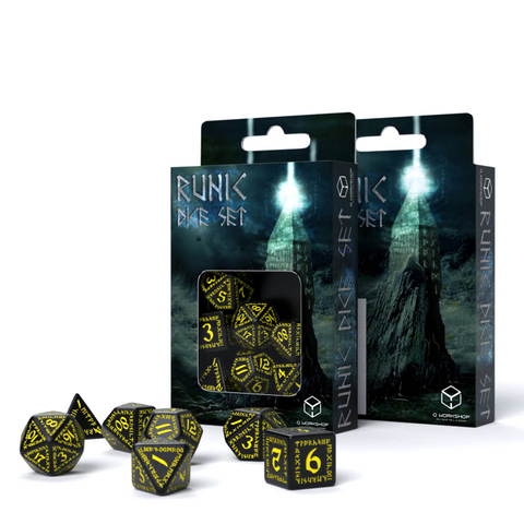 7x Runic Black Yellow Dice Set Q-Workshop DnD RPG Polyhedral