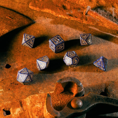 Q-Workshop Runic Dice Set 7pc Mixed Blue Gold Polyhedral RPG DnD