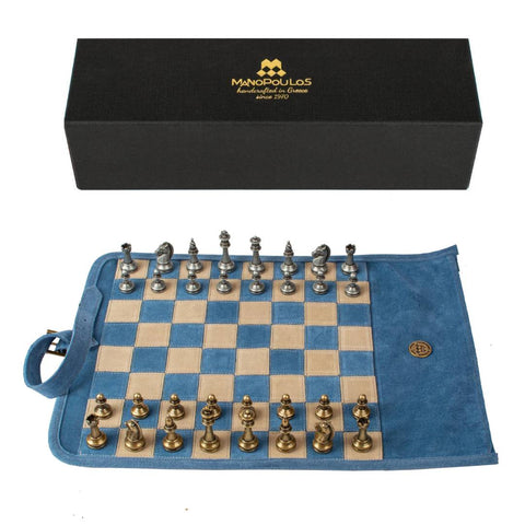 Manopoulos Denim Blue Suede Roll-Up Travel Chess Set w/ Metal Chessmen Greece