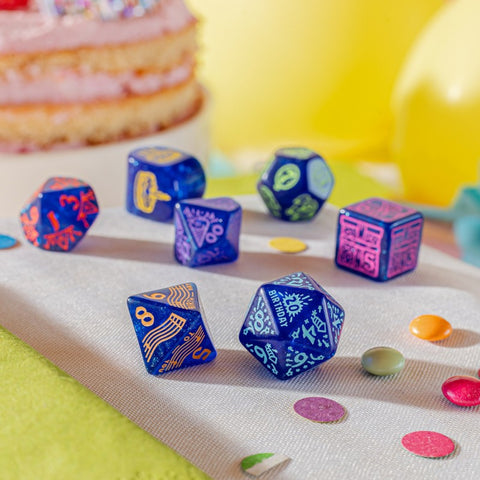 Q-Workshop Happy Birthday Streamers Dice Set 7pc Shimmering Blue RPG